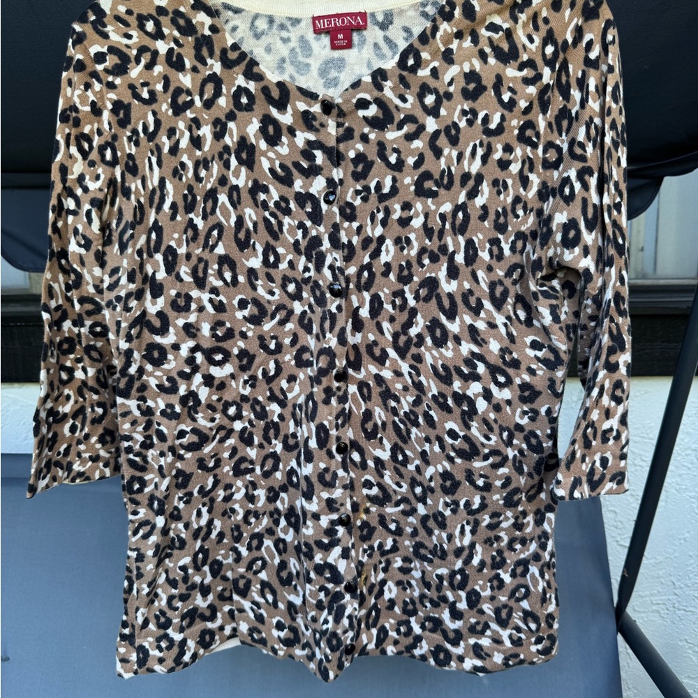 Merona Leopard Print Blouse Brown and Black 3/4 Sleeve